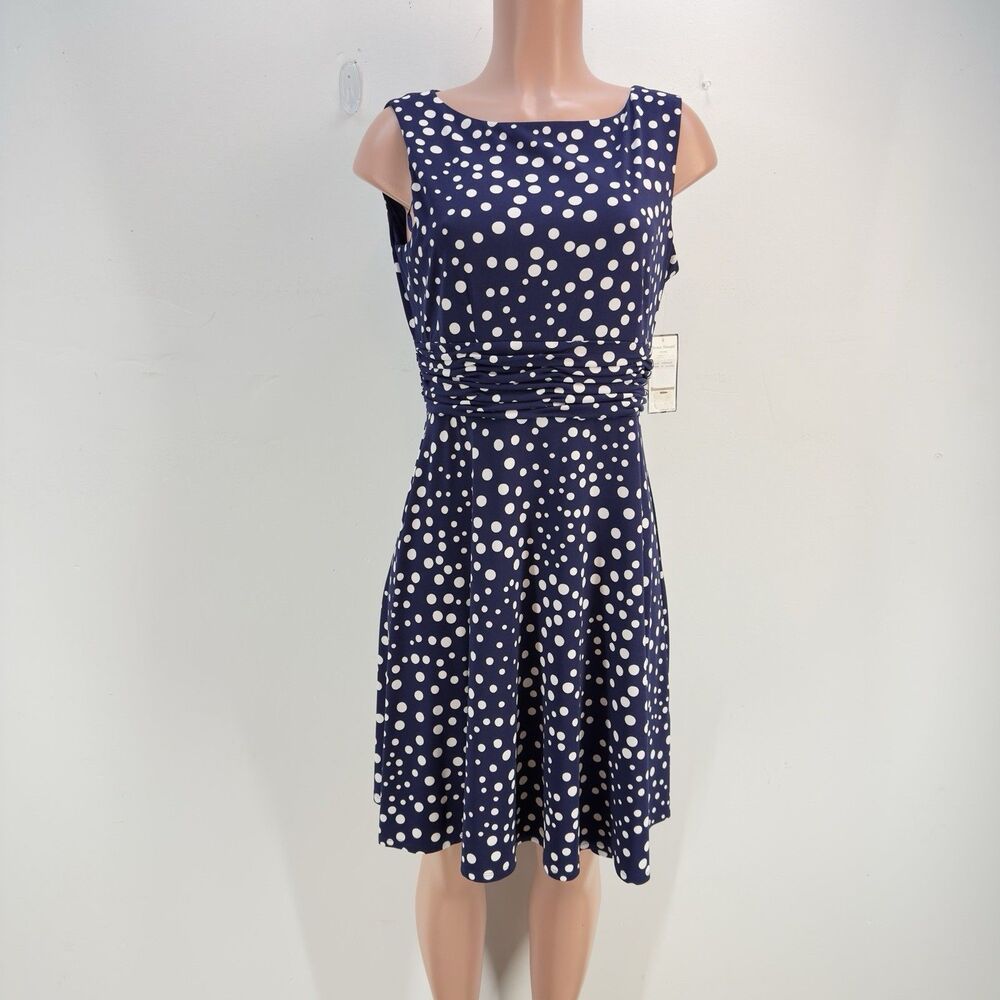 Jessica Howard Womens Midi Stretchy Dress Size PM Missy Blue White Polka Dots - Picture 1 of 15